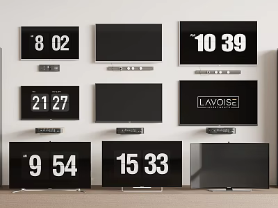 Multiple Wall Mounted TVs with Screen Displays of Time and Text 3d model