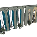 Blue White And Beige Curtains For Arched Windows With Columns And Plants