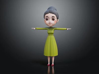 Playful Female Cartoon Character With Green Dress Gray Bun And Outstretched Arms On Dark Background 3d model