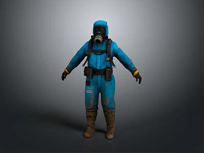 Full Body Blue Protective Suit With Gas Mask Utility Belt And Brown Boots 3d model