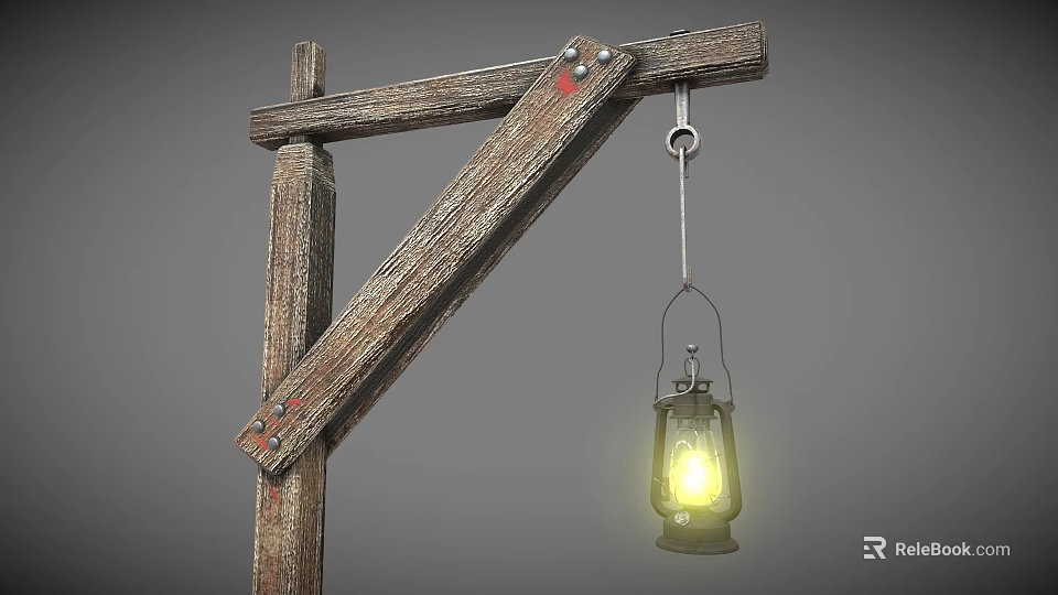 Rustic Wooden Cross Bracket With Hanging Lit Lantern And Metal Hook 3d model