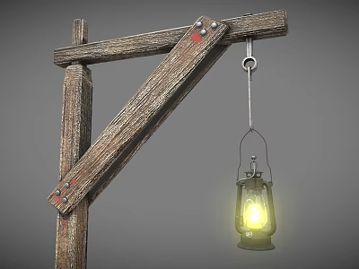 Rustic Wooden Cross Bracket With Hanging Lit Lantern And Metal Hook 3d model