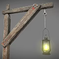 Rustic Wooden Cross Bracket With Hanging Lit Lantern And Metal Hook 3d model