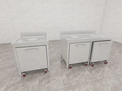White Mobile Cabinets With Drawers Countertops On Gray Floors And Marble Walls 3d model