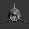 Shark Sculpture With Open Mouth Fin Details And Textured Surface On Dark Background