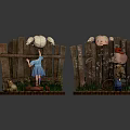 Girl And Boy Doll Figures With Chick Near Wooden Fences And Plants
