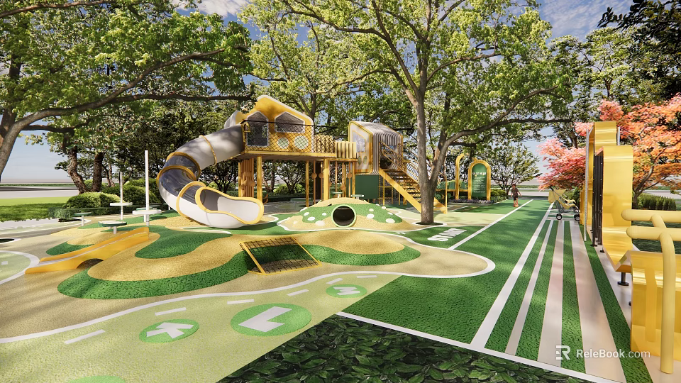 Outdoor Children's Play Area With Slide Tree House Green Lawn And Trees 3d model 