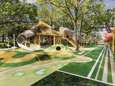 Outdoor Children's Play Area With Slide Tree House Green Lawn And Trees 3d model