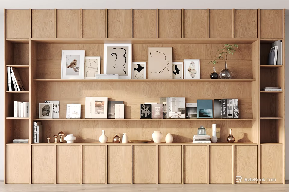 Modern Wooden Bookcase Design With Shelves Books Decorative Items And Photo Frames 3d model 