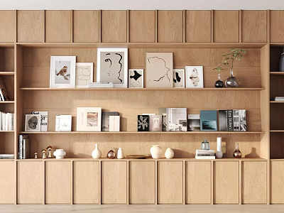 Modern Wooden Bookcase Design With Shelves Books Decorative Items And Photo Frames 3d model