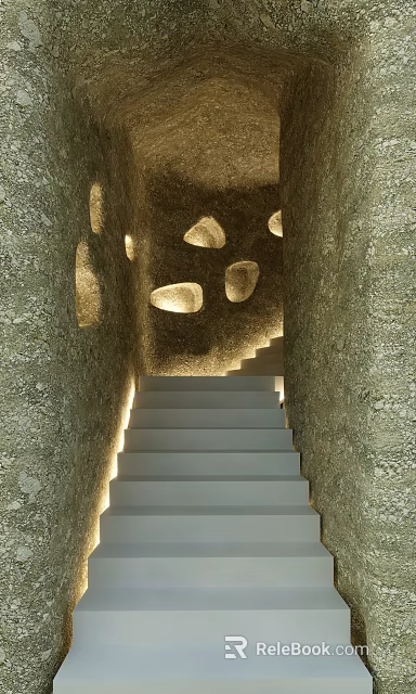 Hotel Corridor With Textured Walls Illuminated Steps And Recessed Lights 3d model 