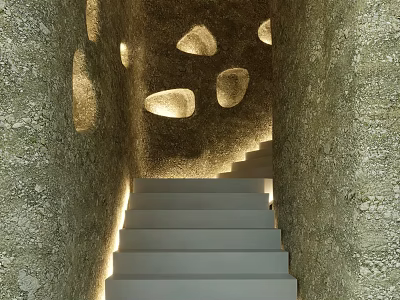 Hotel Corridor With Textured Walls Illuminated Steps And Recessed Lights 3d model