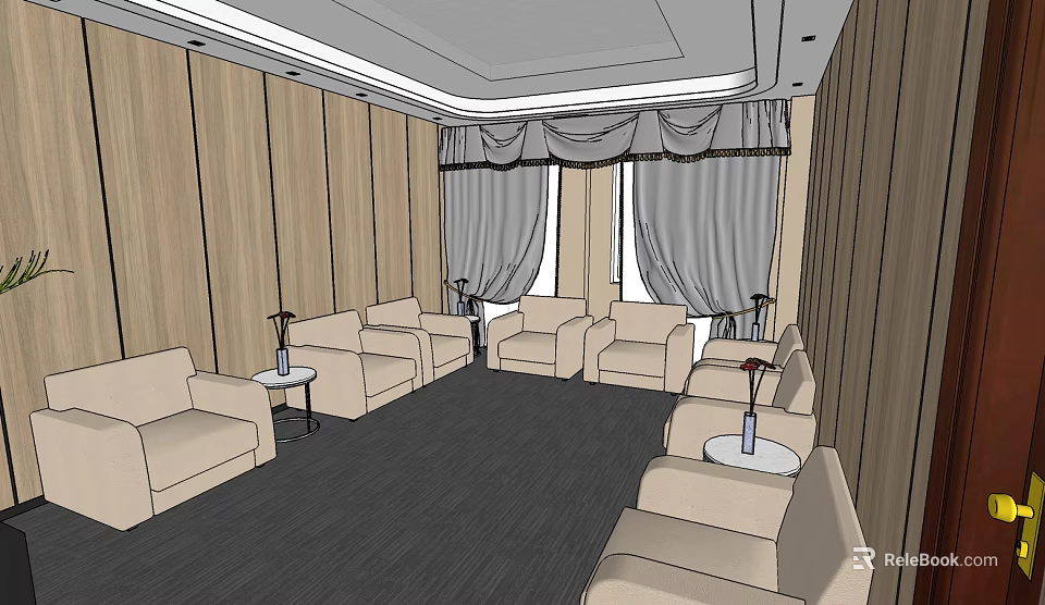 Hotel Public Lounge Area With Beige Sofas Small Coffee Tables And Wooden Walls 3d model 