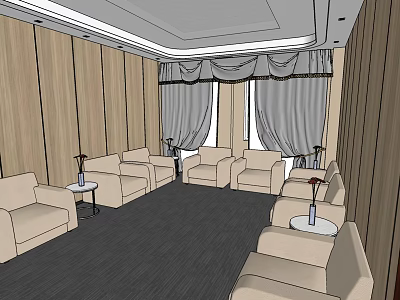 Hotel Public Lounge Area With Beige Sofas Small Coffee Tables And Wooden Walls 3d model