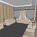 Hotel Public Lounge Area With Beige Sofas Small Coffee Tables And Wooden Walls