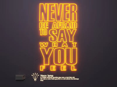 Vibrant Neon Lighting Combination with Orange Text Design and Wall Decor on Dark Background 3d model