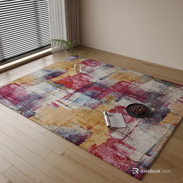 Colorful Square Area Rug On Wooden Floor With Decor Items 3d model 