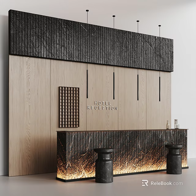 Hotel Reception Desk With Wooden Panels Dark Wood Top Lighted Base And Decorative Grid 3d model 