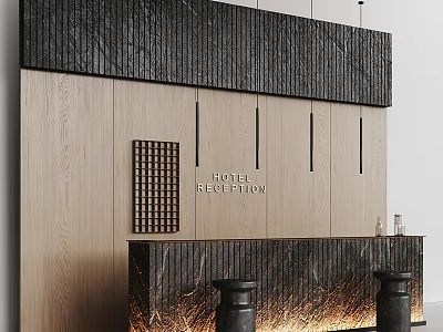 Hotel Reception Desk With Wooden Panels Dark Wood Top Lighted Base And Decorative Grid 3d model