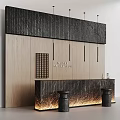 Hotel Reception Desk With Wooden Panels Dark Wood Top Lighted Base And Decorative Grid