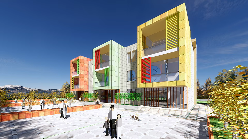 Modern Multi Story School Building Featuring Colorful Exterior Walls And Plaza With People Activities 3d model 