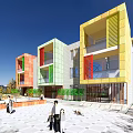 Modern Multi Story School Building Featuring Colorful Exterior Walls And Plaza With People Activities