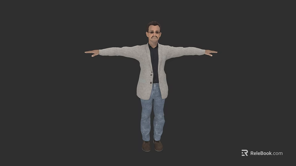 Game Movie Character With Mustache Gray Cardigan Black Shirt Blue Jeans Brown Shoes Arms Outstretched 3d model 