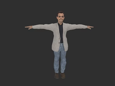 Game Movie Character With Mustache Gray Cardigan Black Shirt Blue Jeans Brown Shoes Arms Outstretched 3d model