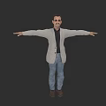Game Movie Character With Mustache Gray Cardigan Black Shirt Blue Jeans Brown Shoes Arms Outstretched