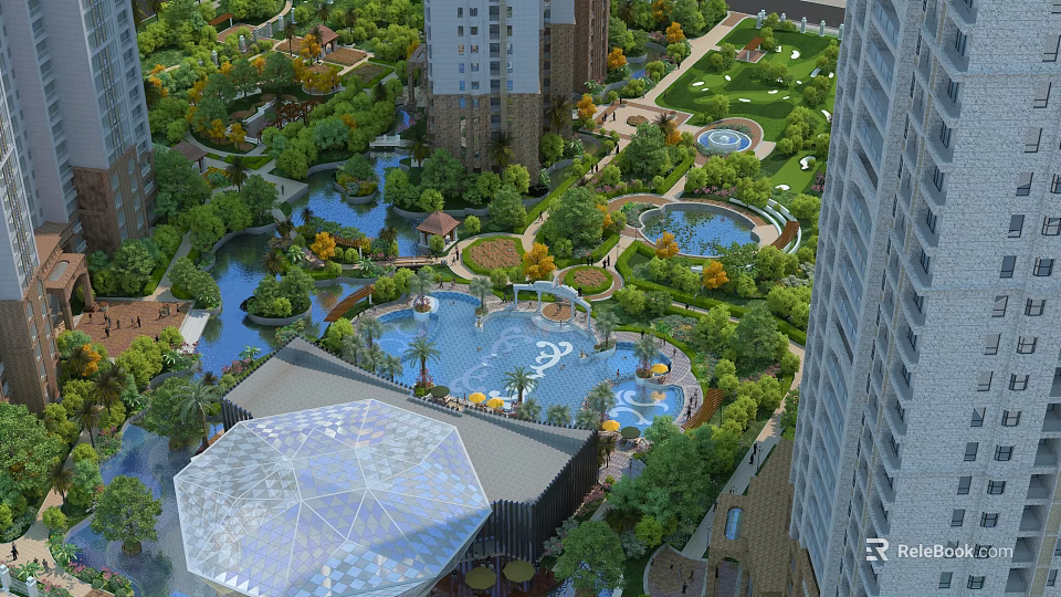 Garden Landscape With Lush Greenery Multiple Ponds Fountains Curved Walkways And Pavilions 3d model 
