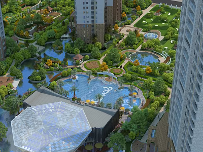 Garden Landscape With Lush Greenery Multiple Ponds Fountains Curved Walkways And Pavilions 3d model