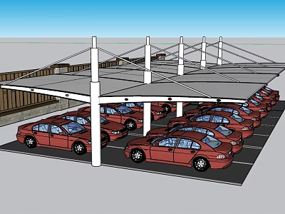 Modern Carport Structure Covering Red Cars In Parking Lot With White Pillars 3d model