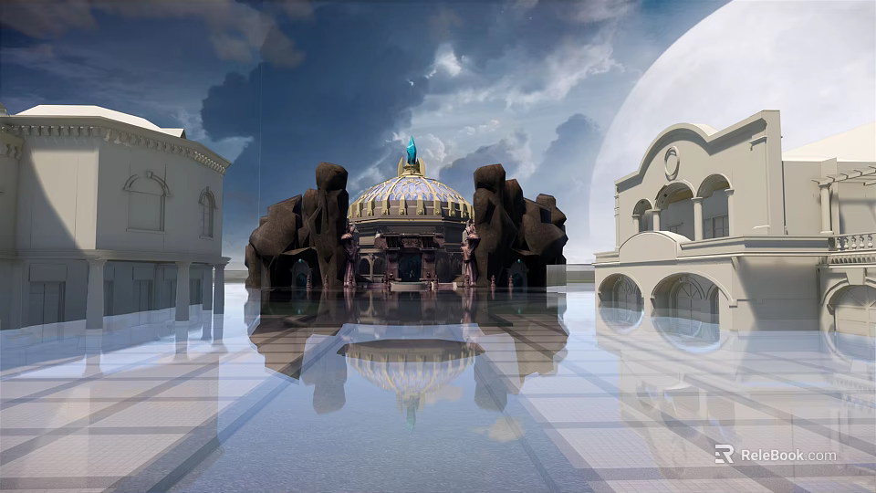 Grand European Style Architecture With Dome Elephant Statues Symmetrical Design And Water Reflection 3d model 