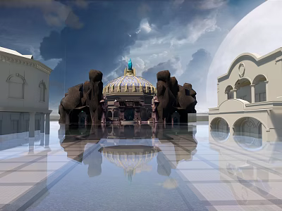 Grand European Style Architecture With Dome Elephant Statues Symmetrical Design And Water Reflection 3d model