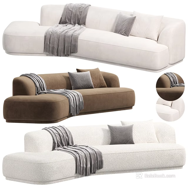 White and Brown Upholstered Double Sofa with Striped Throw Blanket and Gray Pillows 3d model 