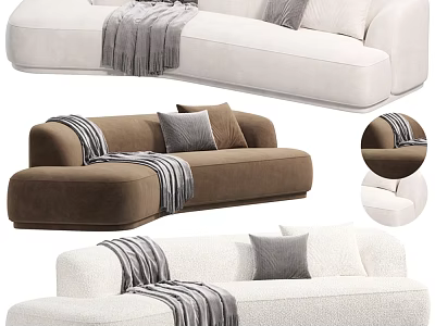 White and Brown Upholstered Double Sofa with Striped Throw Blanket and Gray Pillows 3d model