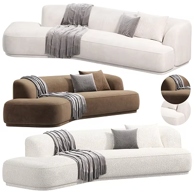 White and Brown Upholstered Double Sofa with Striped Throw Blanket and Gray Pillows 3d model