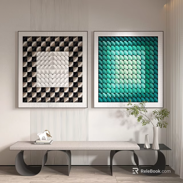 Abstract Wall Art With Black White Geometric And Green Fish Scale Patterns In Modern Interior 3d model