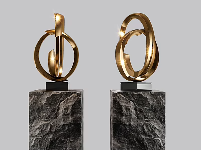 Golden Circular Ornament Decoration Set With Two Pieces On Marble Bases 3d model