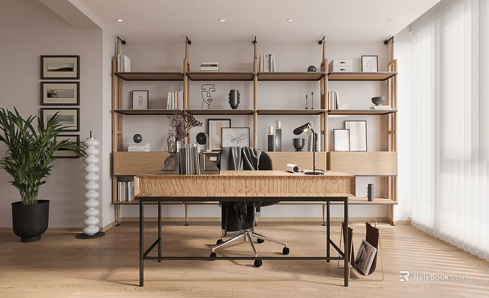 Contemporary Home Office Interior With Open Wooden Shelves Metal Frame Desk And Ergonomic Chair 3d model 