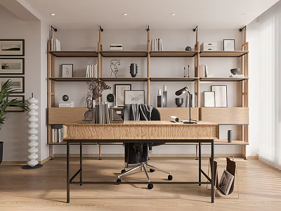 Contemporary Home Office Interior With Open Wooden Shelves Metal Frame Desk And Ergonomic Chair 3d model