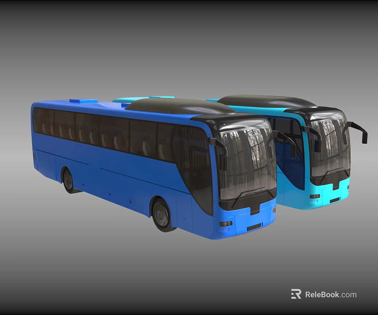 Two Modern Blue and Light Blue Buses with Sleek Exterior and Front View Design 3d model 