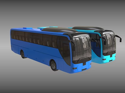 Two Modern Blue and Light Blue Buses with Sleek Exterior and Front View Design 3d model