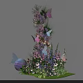 Elegant Floral Installation With Colorful Flowers Butterflies Green Foliage And Purple Decorative Sphere