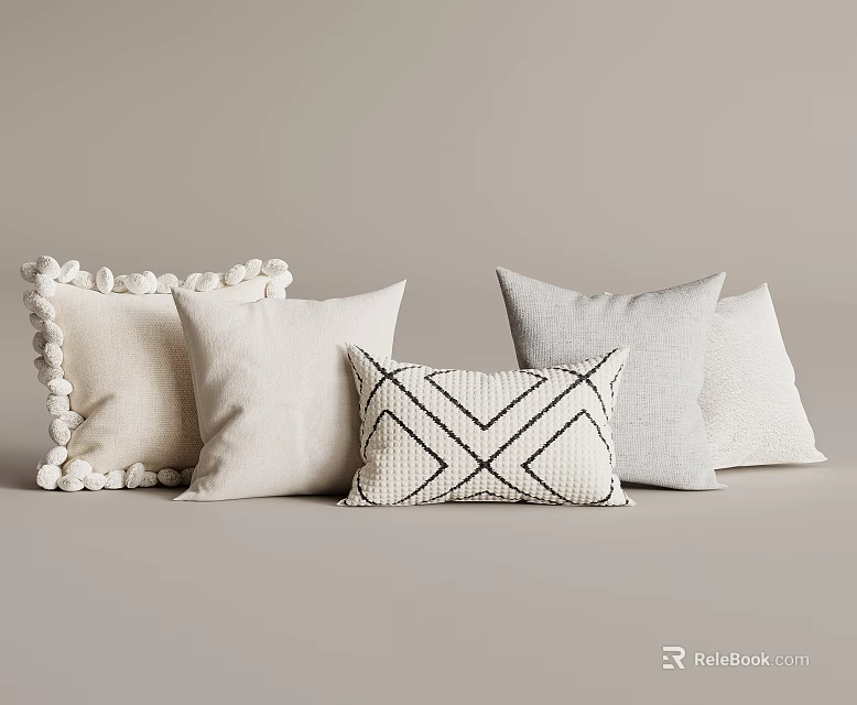 Decorative Throw Pillows With Pom Pom Trim And Geometric Pattern In Neutral Beige Gray Tones 3d model 
