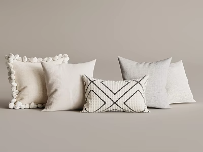Decorative Throw Pillows With Pom Pom Trim And Geometric Pattern In Neutral Beige Gray Tones 3d model