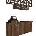 Wooden Reception Desk With Digital Screen And Decorative Overhead Shelf