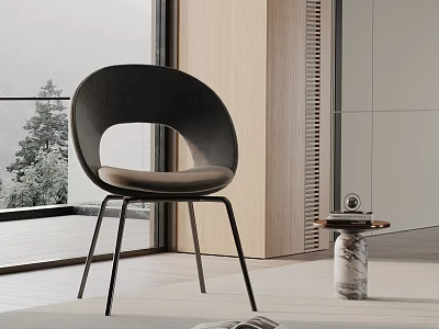 Modern Upholstered Dining Chair With Black Curved Back And Metal Legs Near Bright Window 3d model
