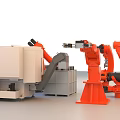 Industrial Equipment With Robotic Arms And Material Blocks In Production Line