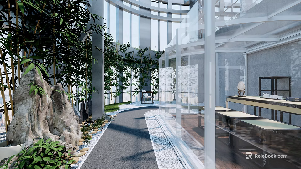 Modern Villa Balcony Design With Glass Railings Lush Greenery And Natural Pathway 3d model 